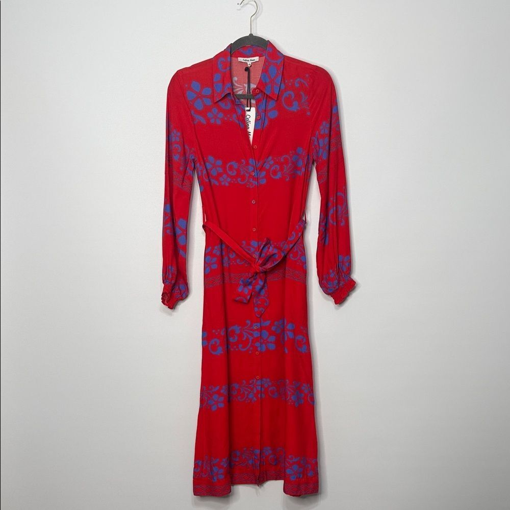 NWT Celina Moon Red and Blue Floral Long Sleeve Shirt Dress XS